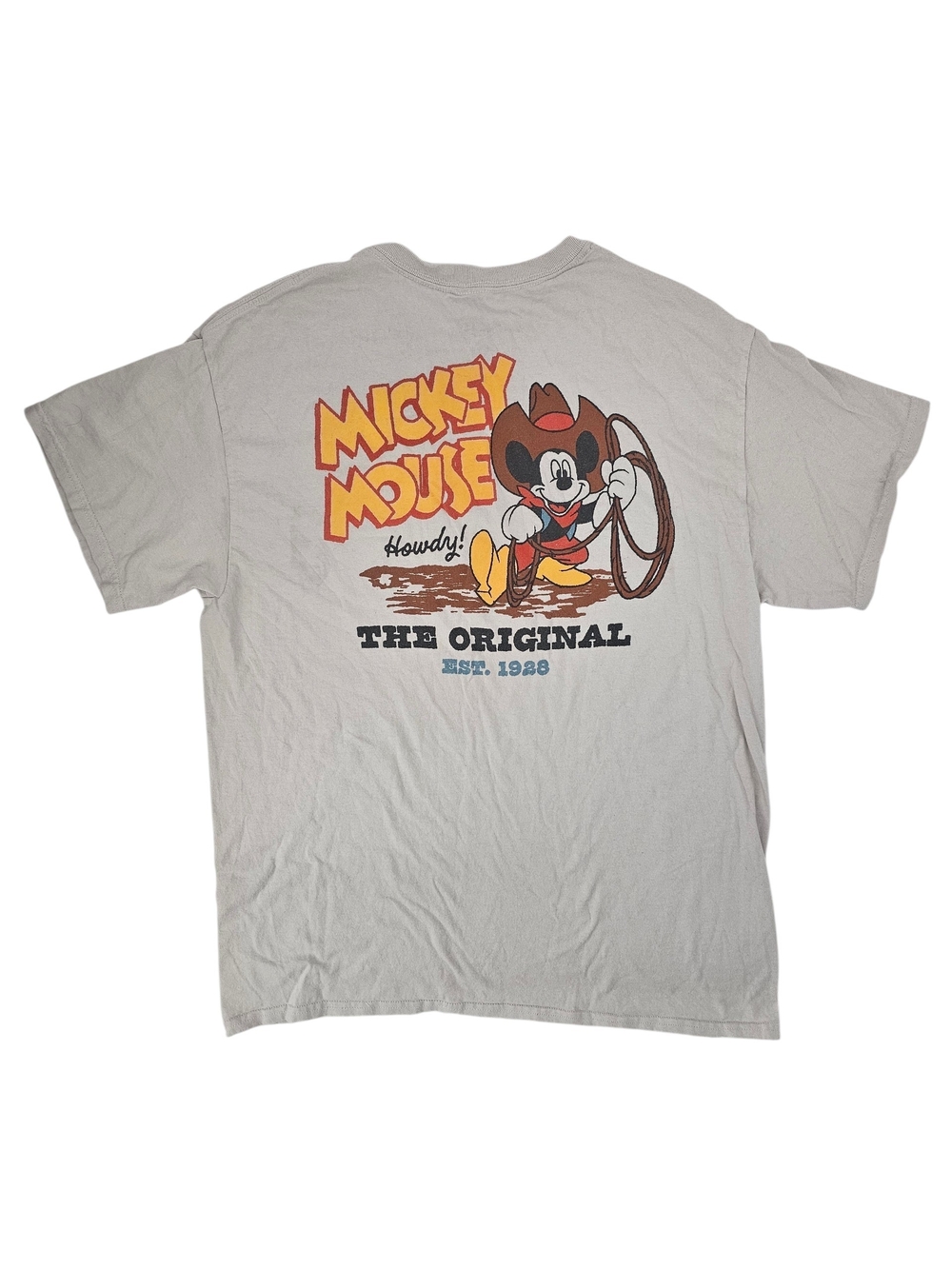 Disney Mickey Mouse Cowboy Howdy Graphic T-Shirt Western Rodeo Back Print Beige